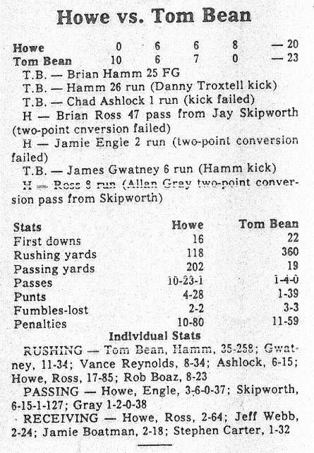 Tom Bean's second win over Howe in 52 years - November 6, 1987 - Sherman Democrat